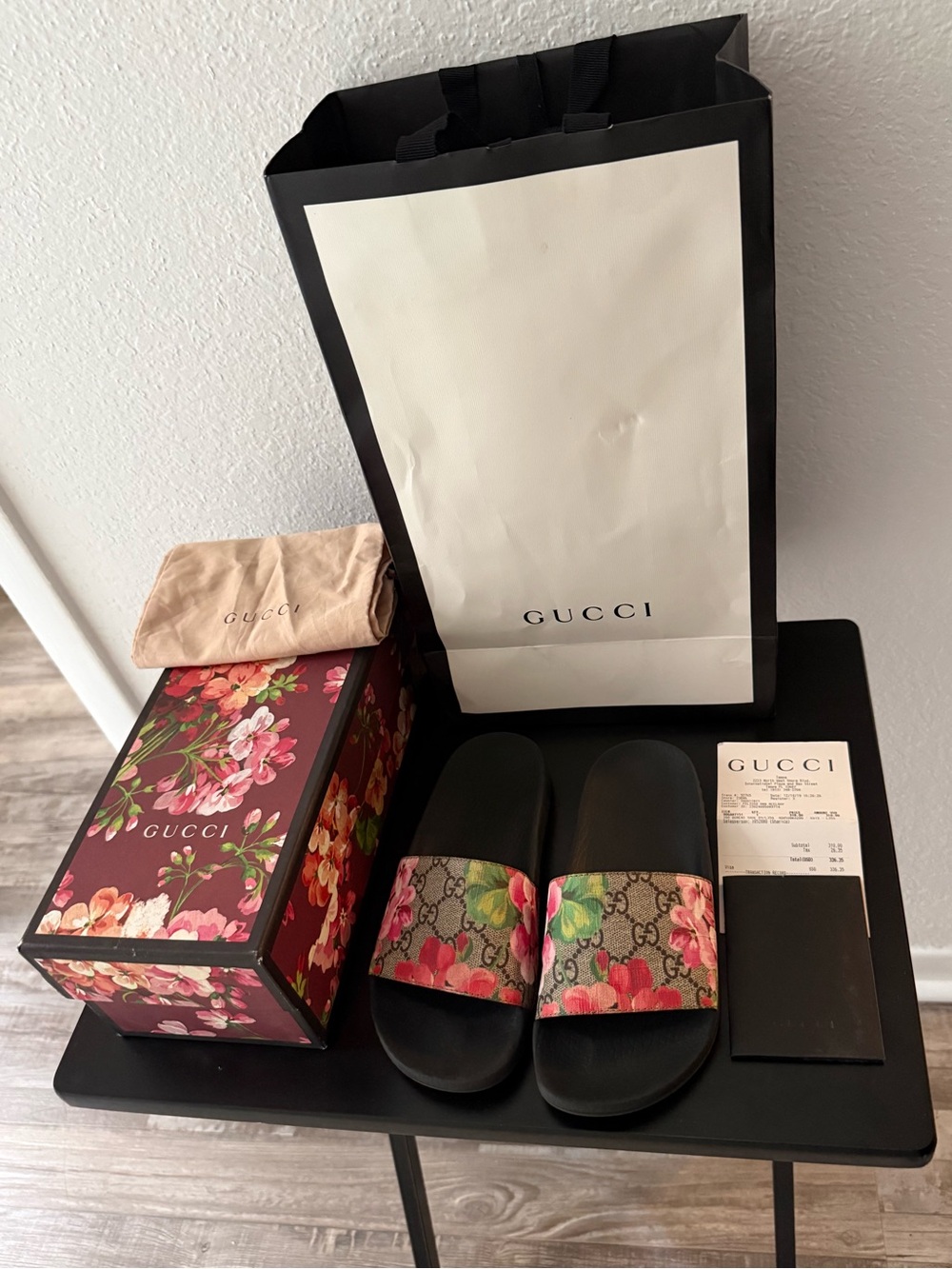 Gucci GG Canvas Floral Slide Sandals in Pink, Green & Black